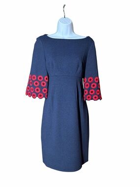 Trina Turk Navy Shift Dress with Floral Cutwork Sleeves